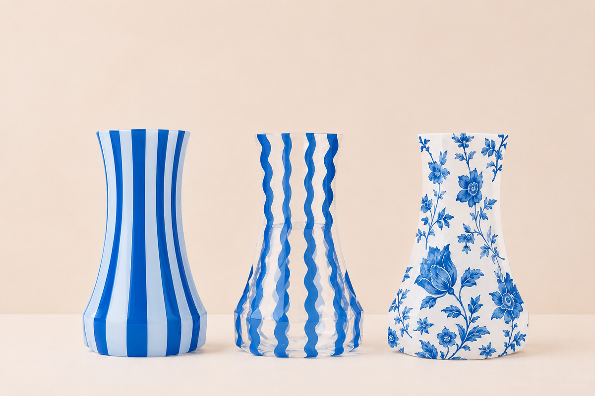 Drie blauwe opvouwbare vazen met verse bloemen op tafel